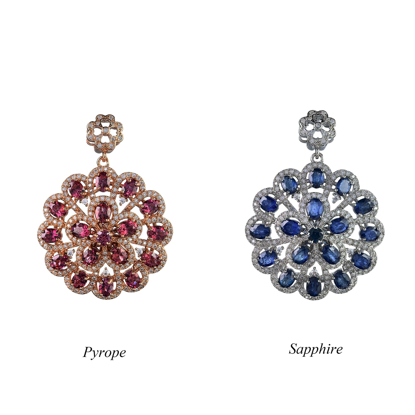 Elegant Rhodium/Rose Gold Plated 925 Silver Natural Pyrope/Sapphire Flower Pendant