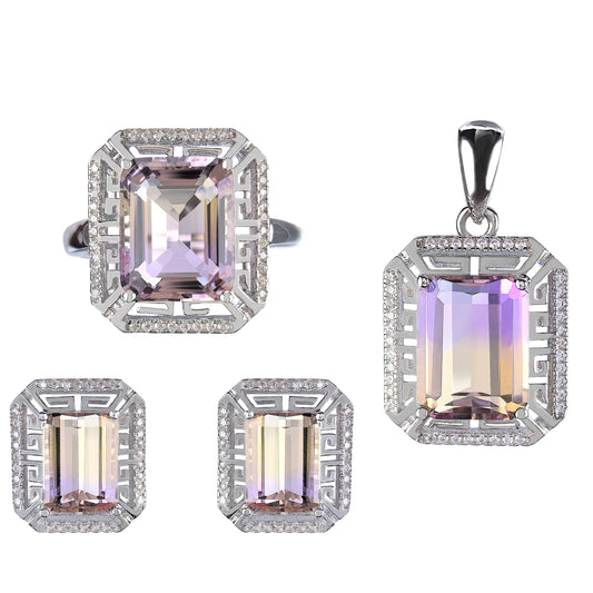 Glamorous Rhodium Plated Joyeria Plata 925 Natural Ametrine Jewelry Set