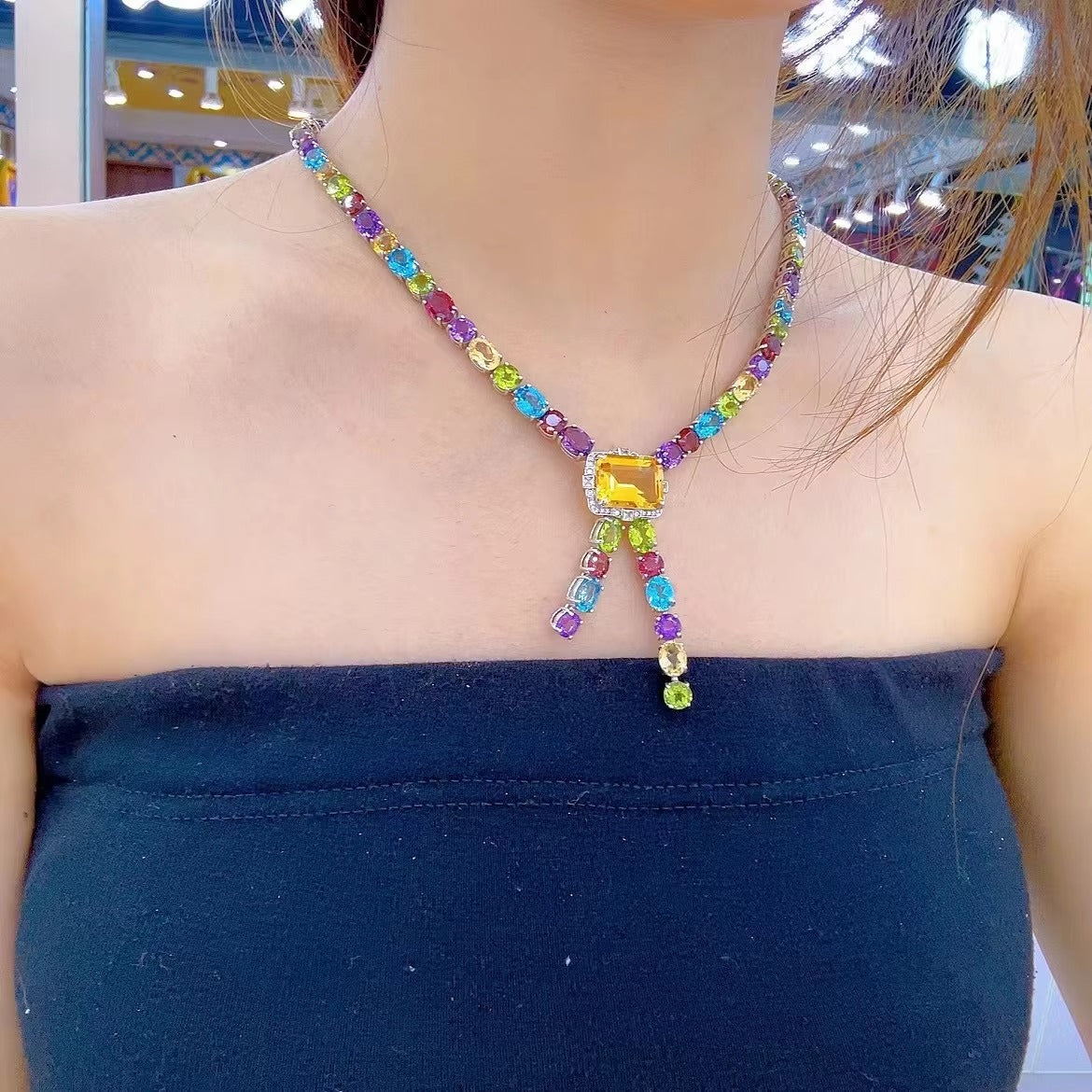 Luxurious Rhodium Plated Silver 925 Jewelry Multiple Natural Gemstone Necklace