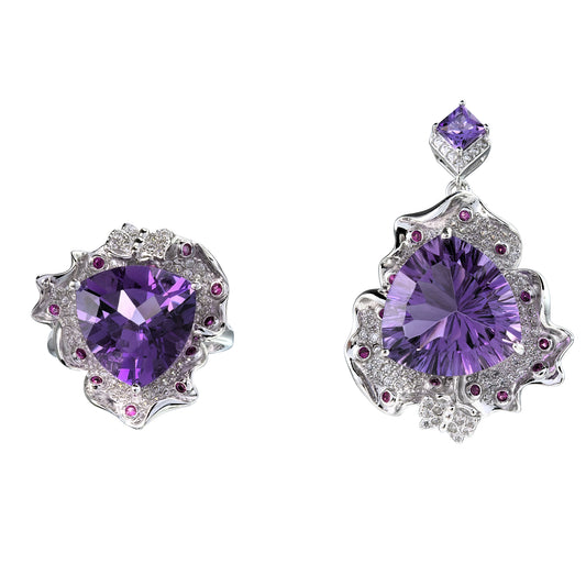 Graceful Rhodium Plated 925 Sterling Silver Natural Amethyst Flower Jewelry Set