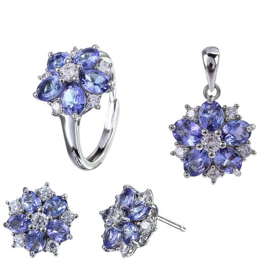 Delicate Rhodium Plated Silver 925 Jewelry Natural Tanzanite Five Leaf Clover Jewelry Set