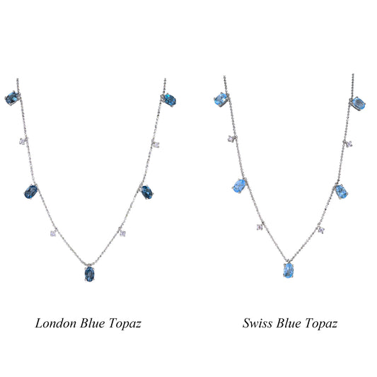 Elegant Rhodium Plated Silver 925 Natural Swiss Blue Topaz/London Blue Topaz Necklace