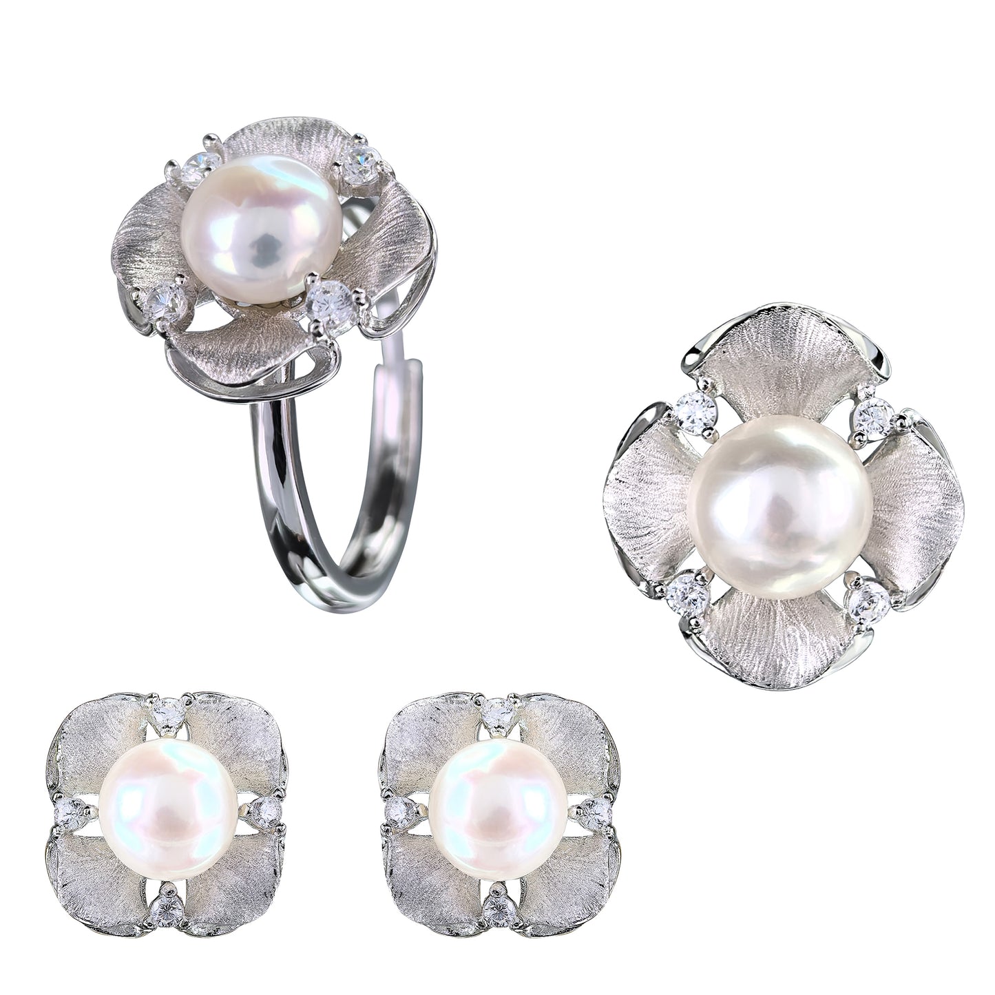 925 Sterling Silver Freshwater Pearl Set Dazzling Rhodium Plated