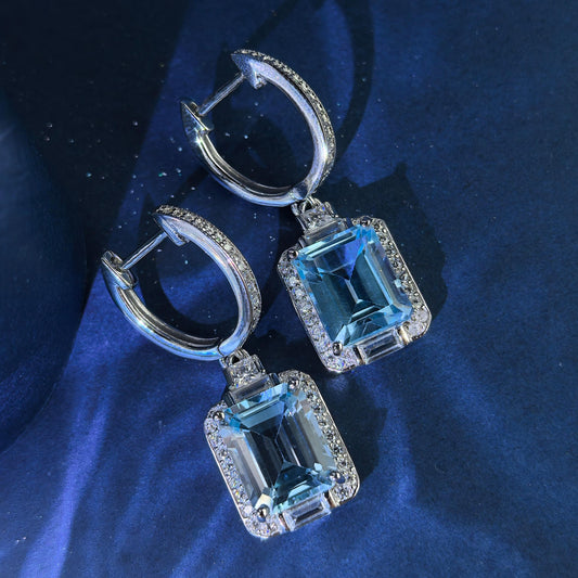 Dazzling Rhodium Plated 925 Silver Jewelry Natural Sky Blue Topaz Drop Earrings