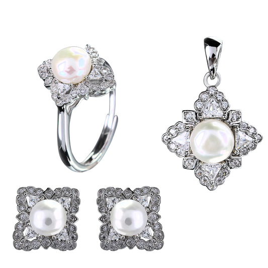 Shiny Rhodium Plated 925 Sterling Silver Freshwater Pearl Four Leaf Clover Jewelry Set