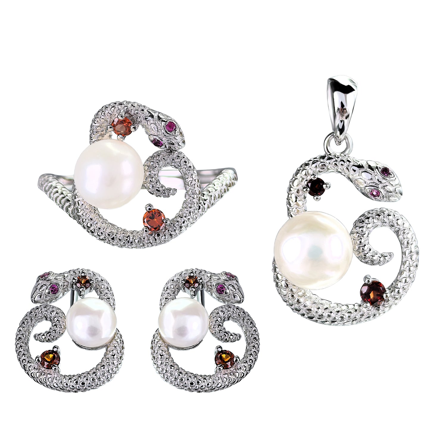 Dazzling Rhodium Plated 925 Sterling Silver Freshwater Pearl Snake Jewelry Set