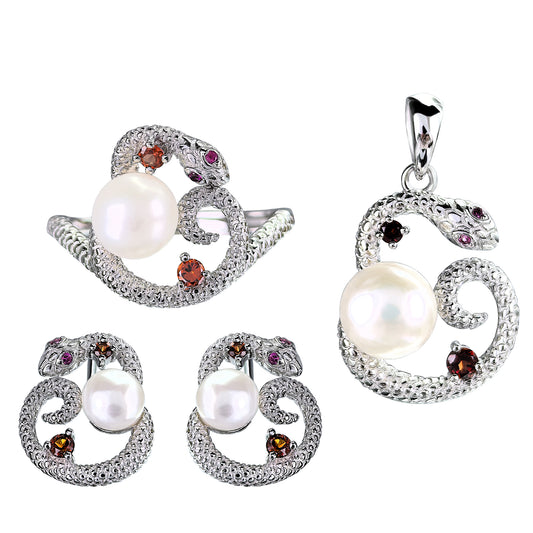 Dazzling Rhodium Plated 925 Sterling Silver Freshwater Pearl Snake Jewelry Set