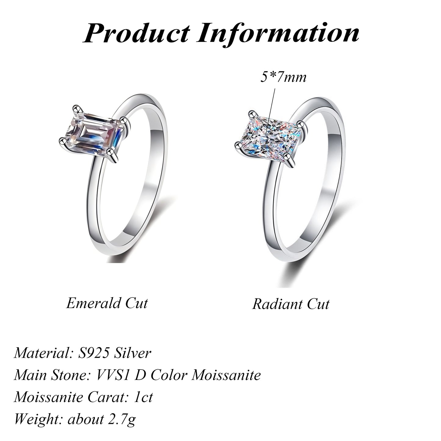 S925 Sterling Silver Emerald/Radiant Cut 1ct Moissanite Solitaire Ring