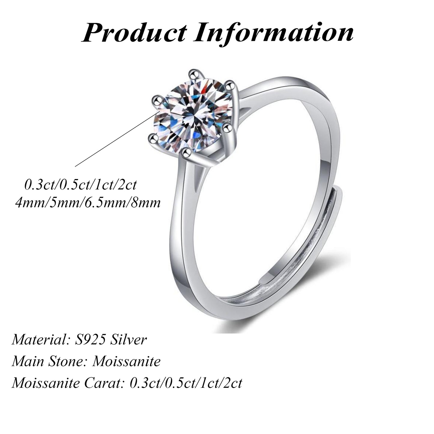 Shining Round Cut Moissanite Rings 925 Sterling Silver 0.3ct/0.5ct/1ct/2ct