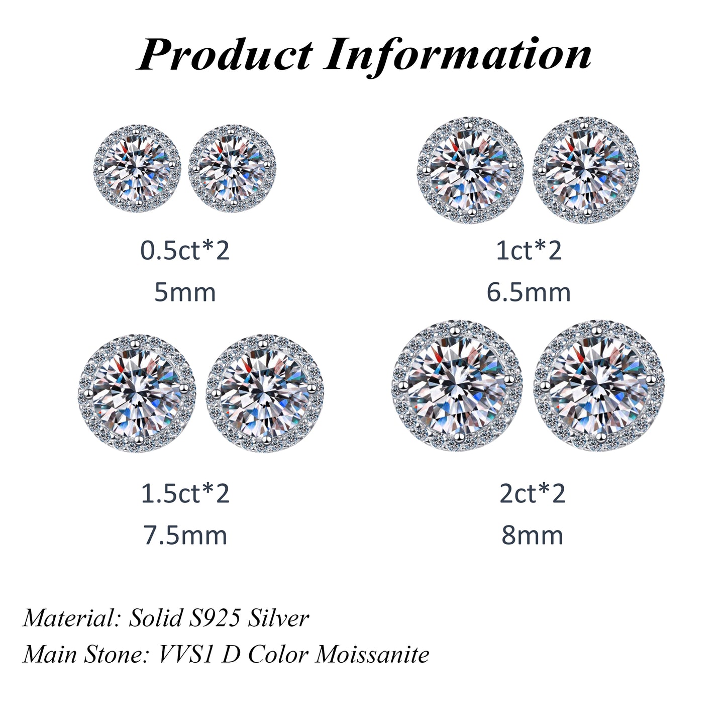 D Color VVS1 Moissanite Earrings Solid 925 Sterling Silver with GRA Certificate