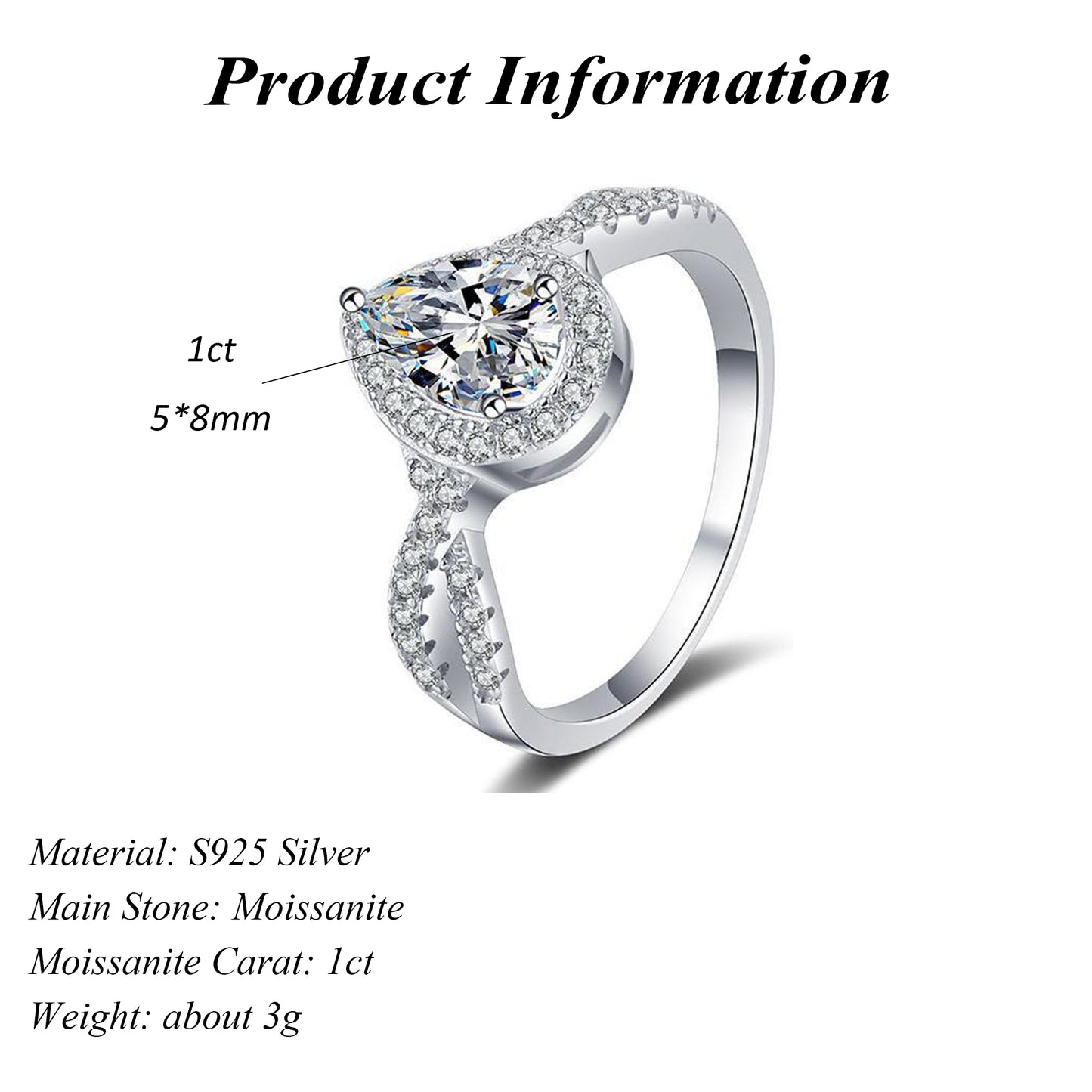 S925 Sterling Silver Pear Cut Teardrop Shape 1 Carat DEF Moissanite Ring