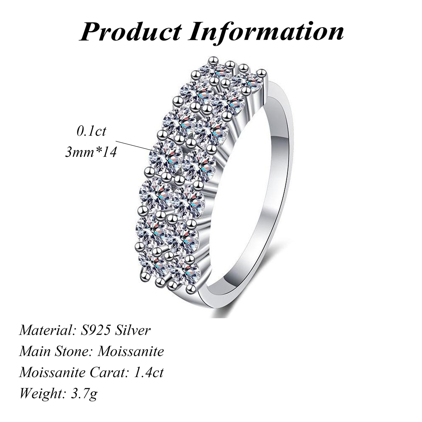 Luxury 2 Row 1.4ct Eternity Band S925 Silver Moissanite Statement Ring for Parties
