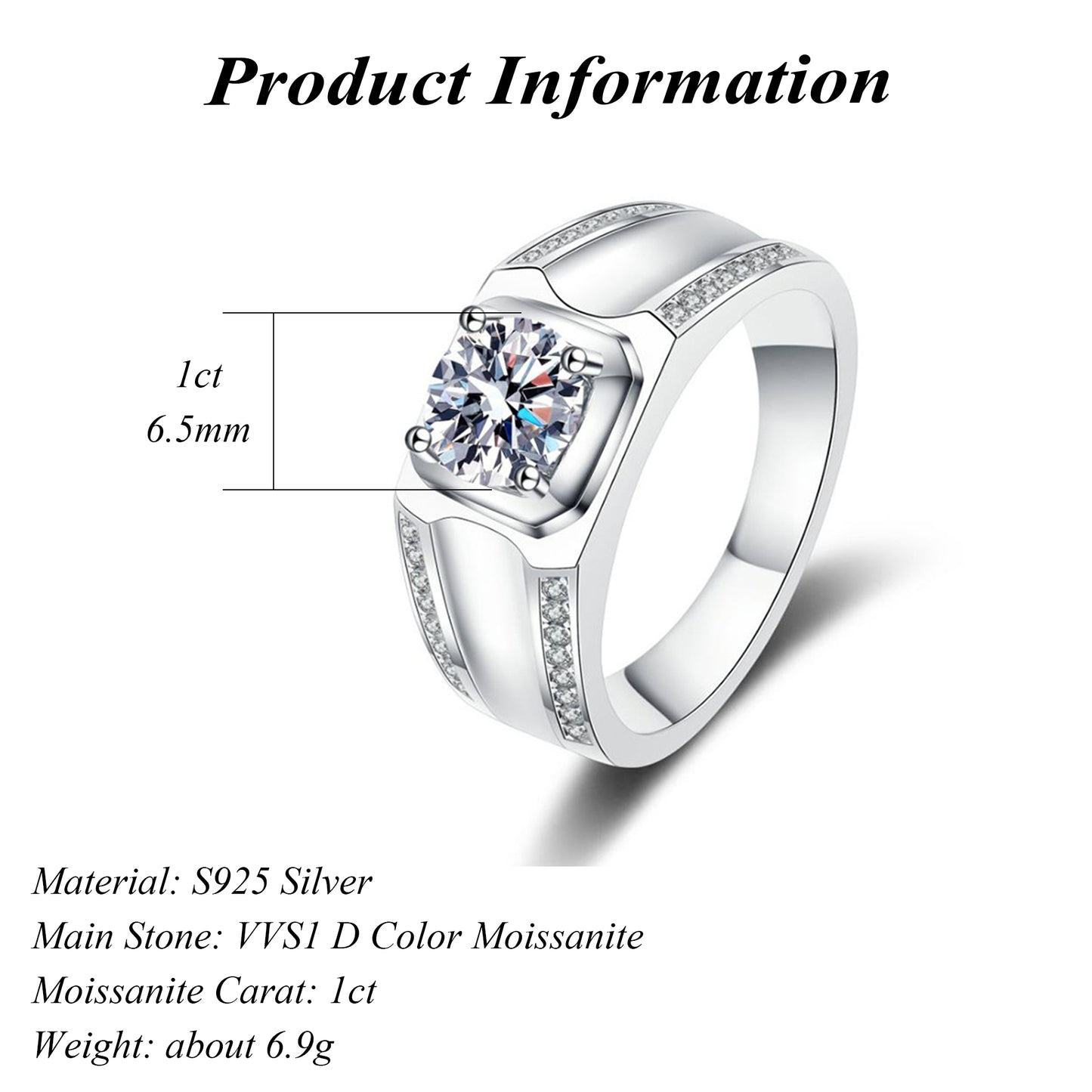 Luxury 1 Carat Moissanite Ring 925 Sterling Silver with GRA Certified