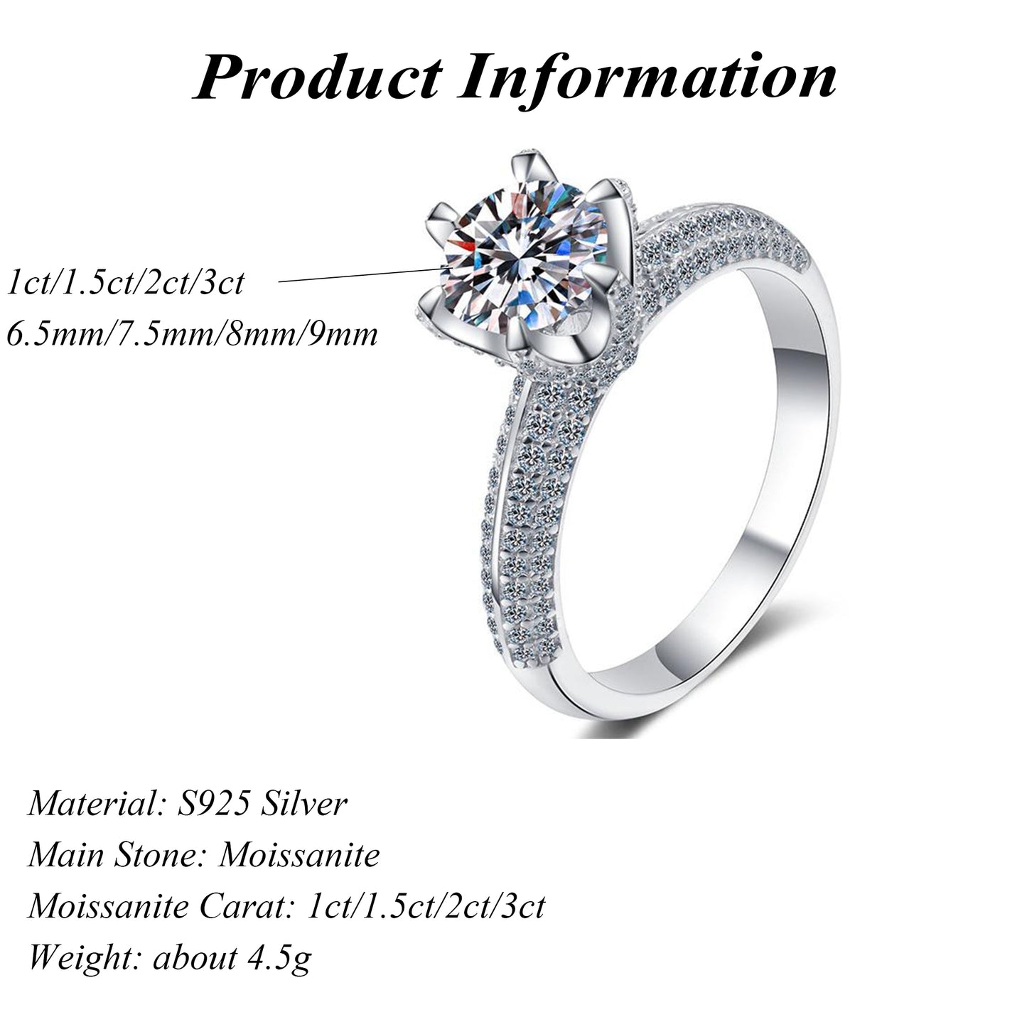 925 Sterling Silver Rhodium Plated 1ct/2ct/3ct Round Cut Moissanite Proposal Ring