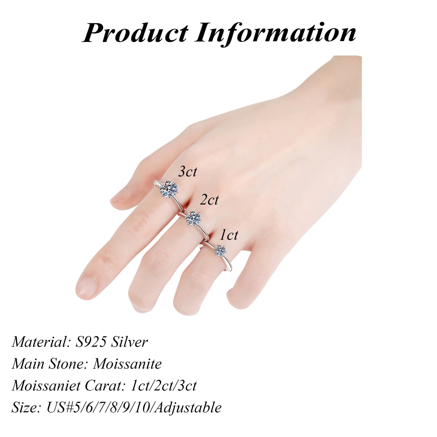 S925 Sterling Silver Classic Round Cut Moissanite Ring 1ct 2ct 3ct VVS1 DEF