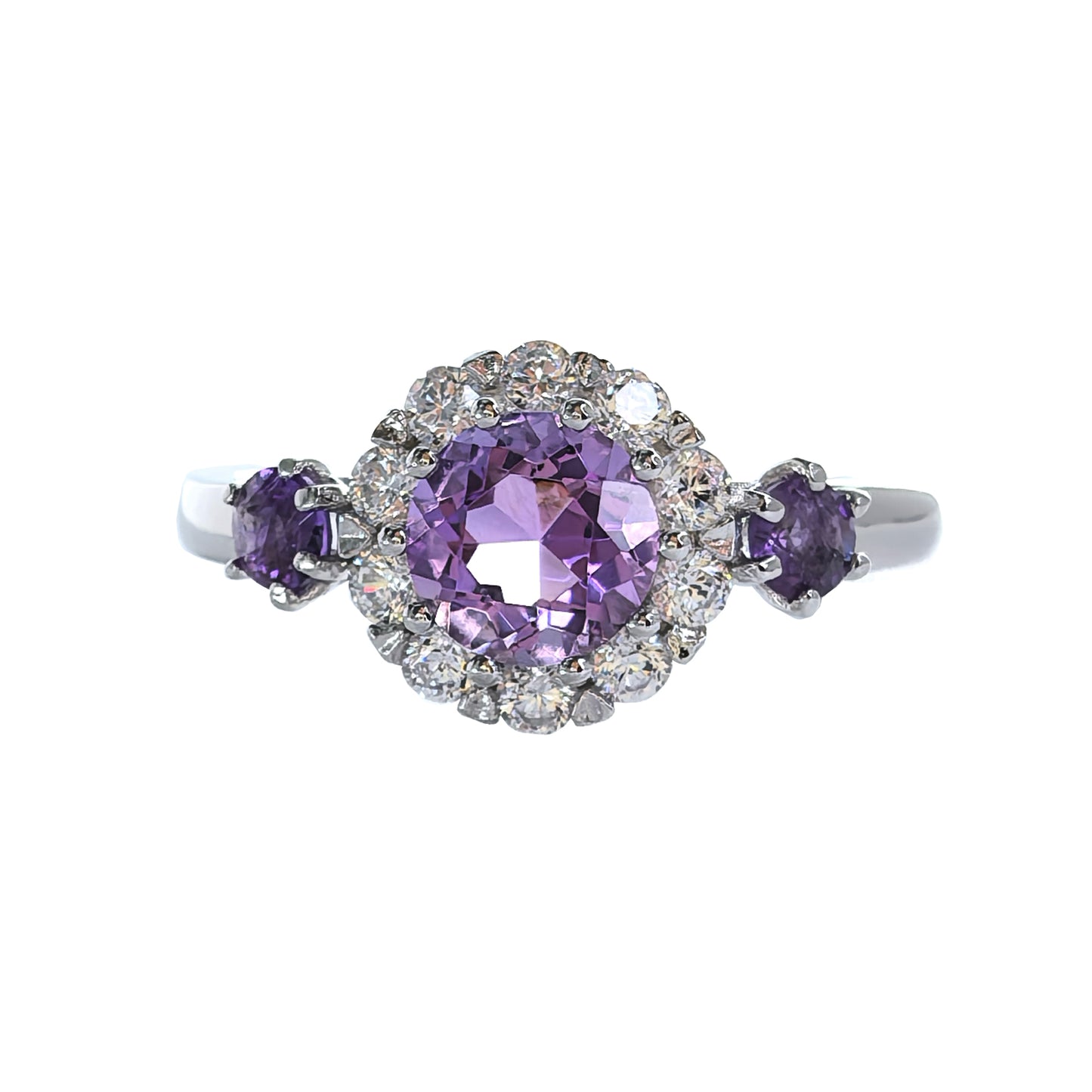 Graceful Women's Rhodium Plated Sterling Silver 925 Amethyst Flower Ring
