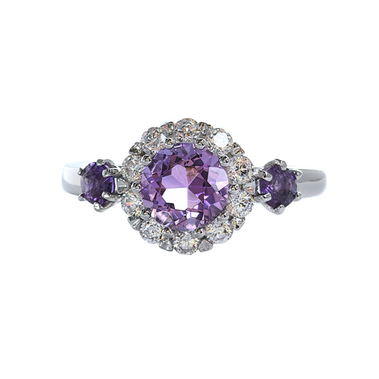 Graceful Women's Rhodium Plated Sterling Silver 925 Amethyst Flower Ring