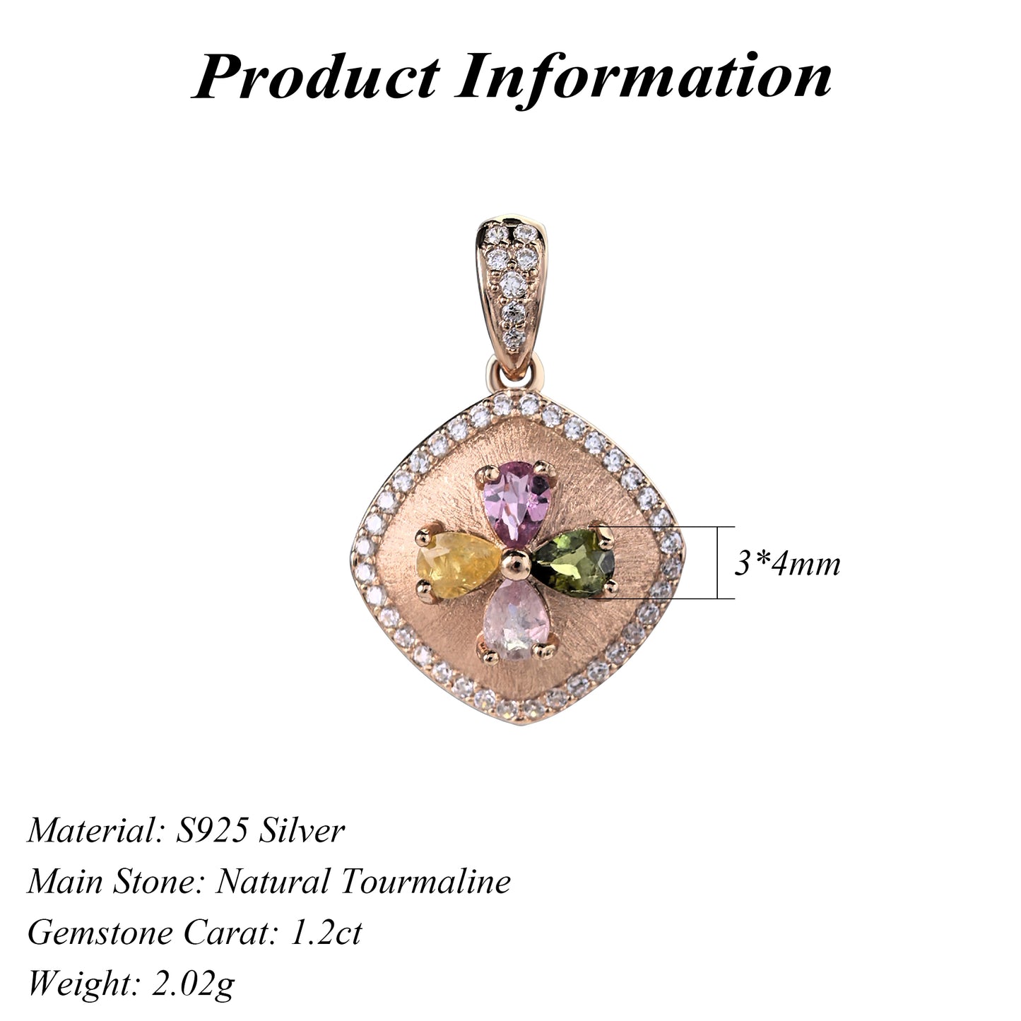 Trendy Rose Gold Plated 925 Sterling Silver Natural Tourmaline Four Leaf Clover Pendant