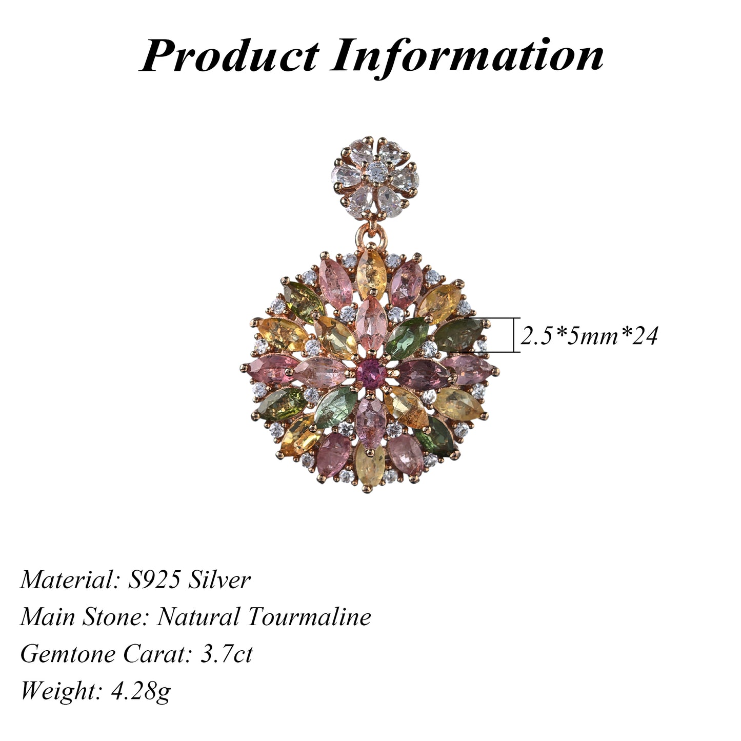Delicate Rose Gold Plated 925 Silver Jewelry Natural Tourmaline Flower Pendant