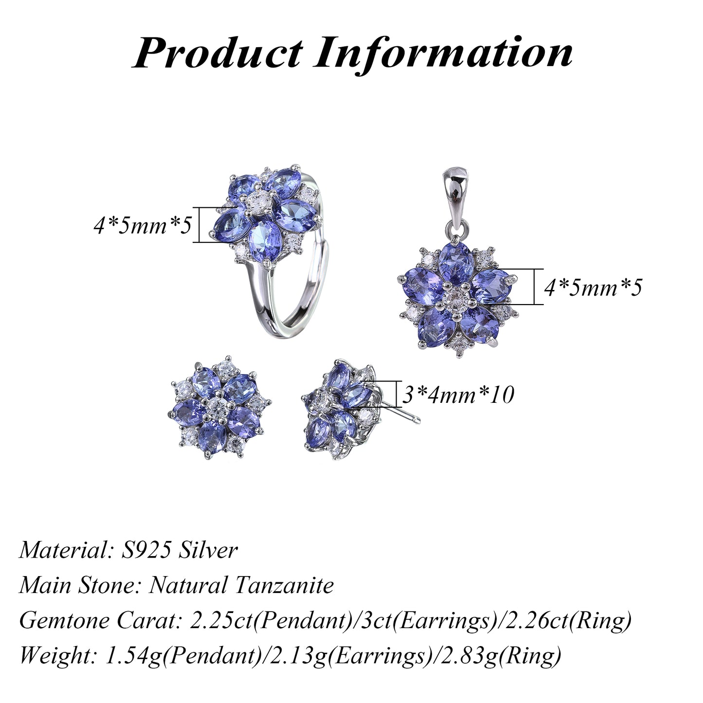 Delicate Rhodium Plated Silver 925 Jewelry Natural Tanzanite Five Leaf Clover Jewelry Set