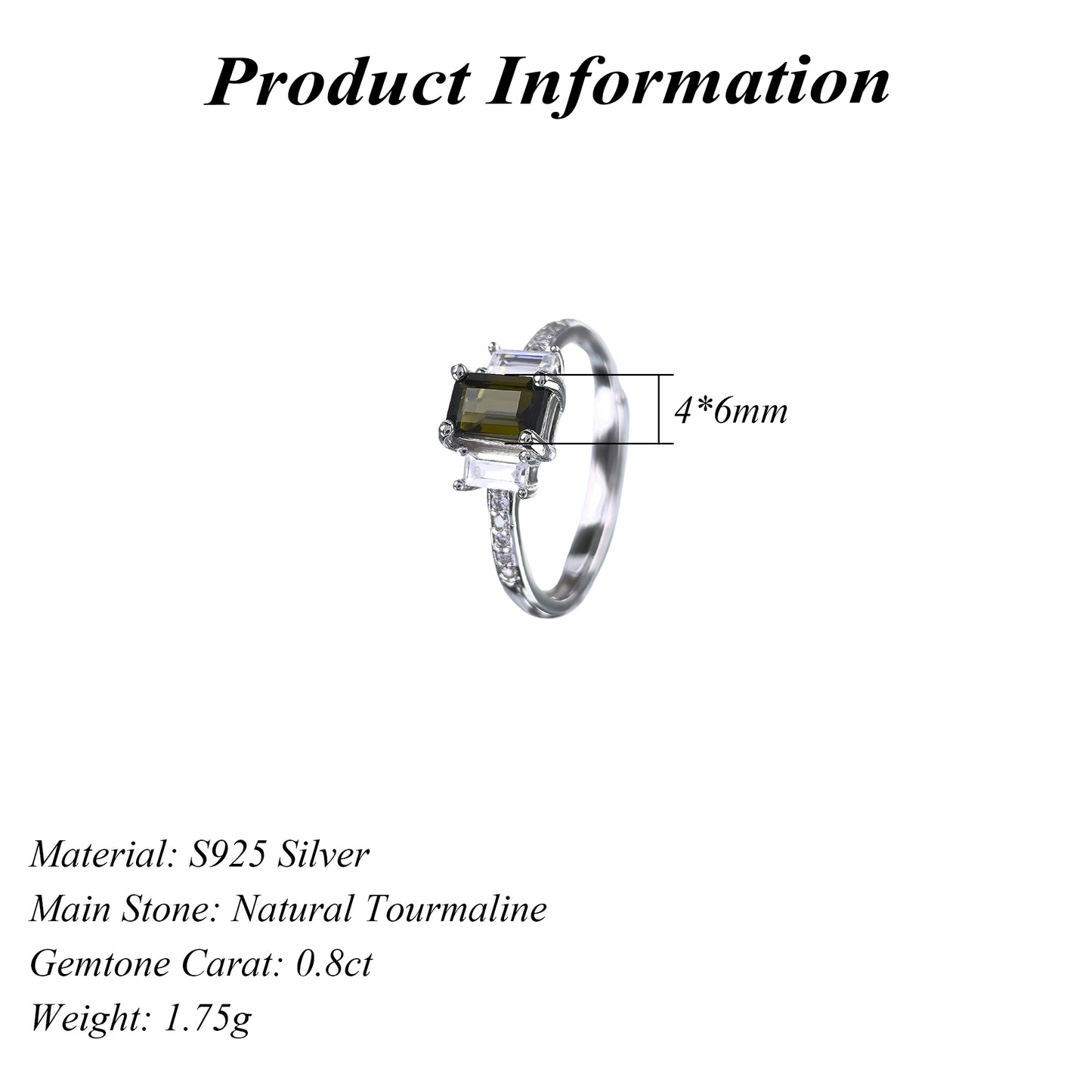 Silver 925 Jewelry Natural Tourmaline Gorgeous Rhodium Plated Emerald Cut Ring