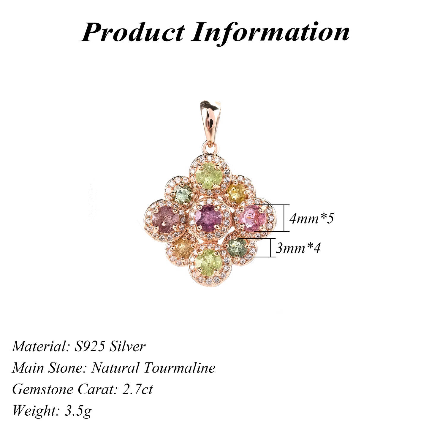 Charming Rose Gold Plated 925 Sterling Silver Natural Tourmaline Flower Pendant