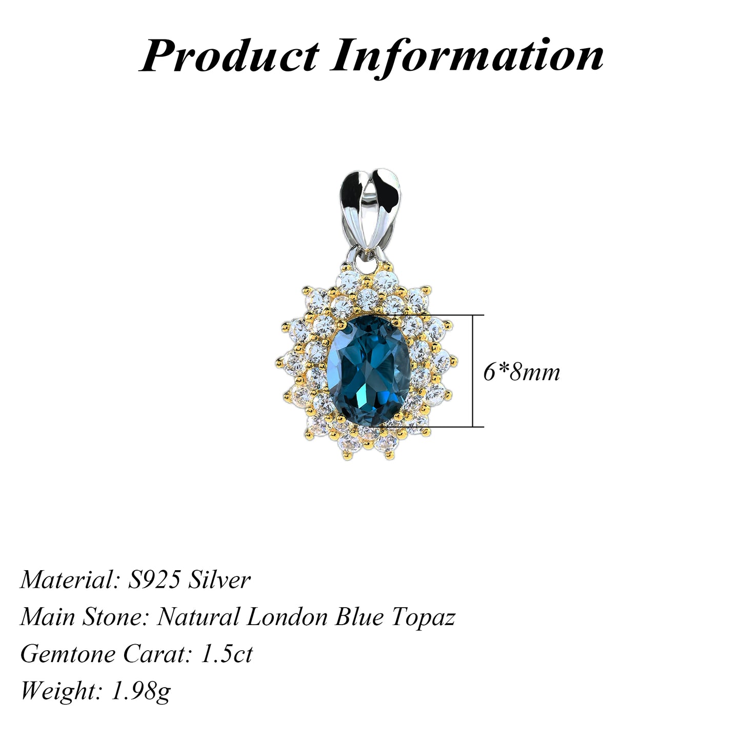 Sparkling Dual Color Plated Silver 925 Natural London Blue Topaz Pendant