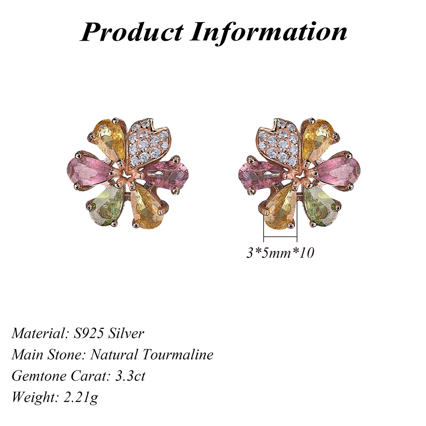 Charming Rose Gold Plated 925 Sterling Silver Natural Tourmaline Flower Stud Earrings