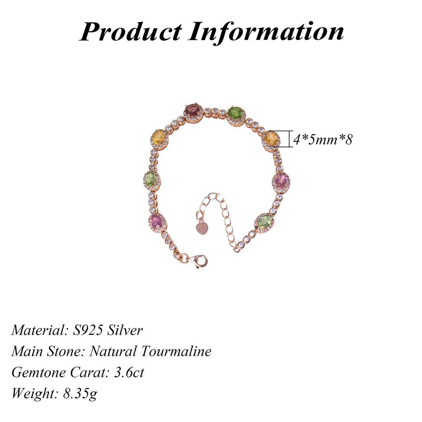 Graceful Rose Gold Plated 925 Silver Natural Tourmaline Bracelet