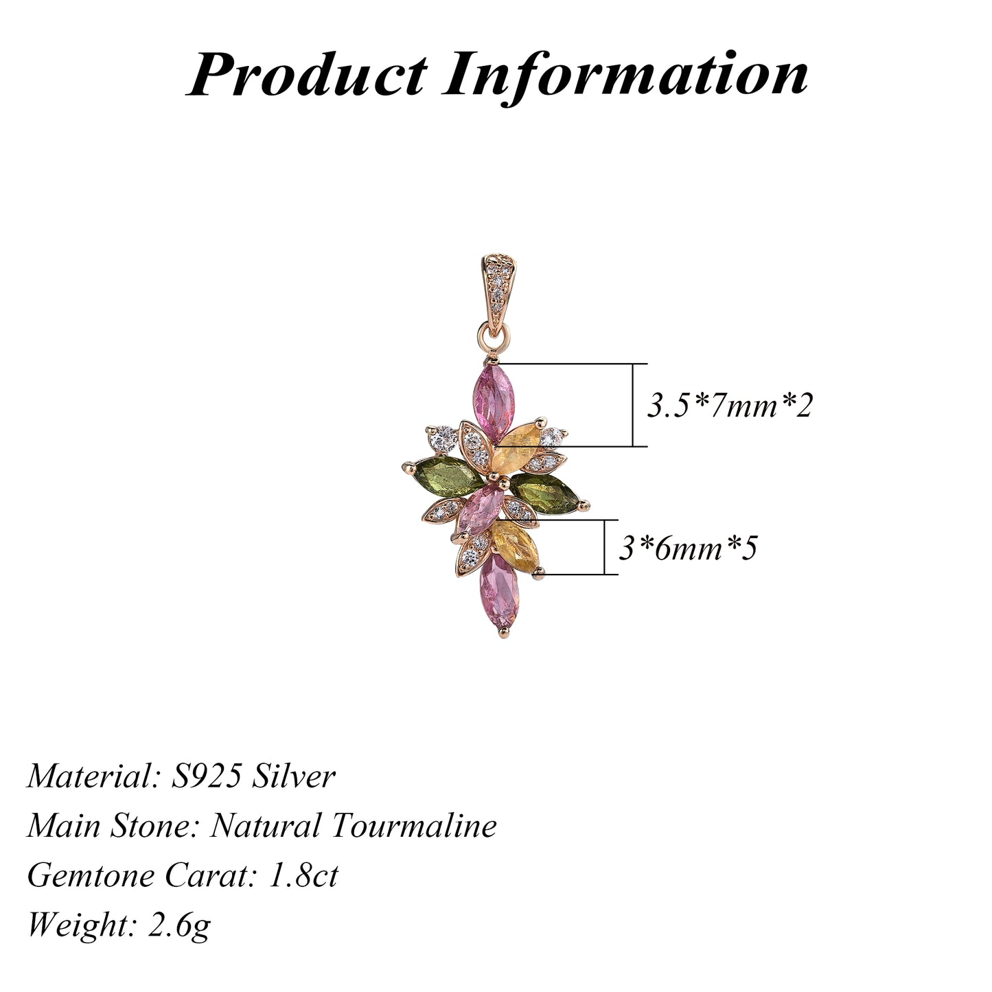 Gorgeous Rose Gold Plated 925 Sterling Silver Natural Tourmaline Leaf Pendant