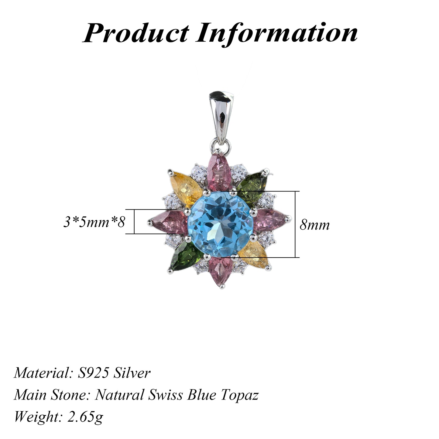 Graceful Rhodium Plated 925 Sterling Silver Natural Swiss Blue Topaz Flower Pendant