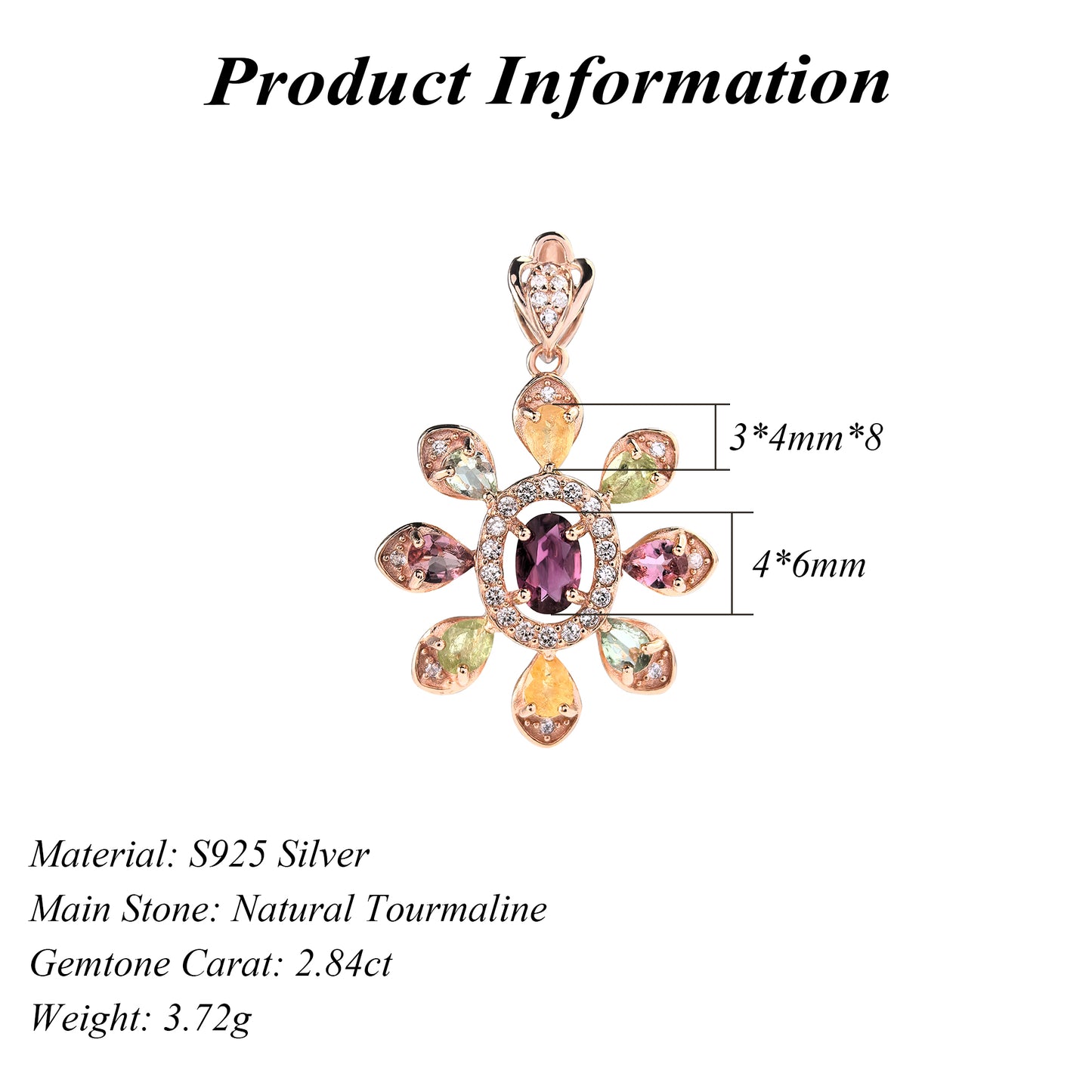 Unique Rose Gold Plated 925 Sterling Silver Natural Tourmaline Pendant