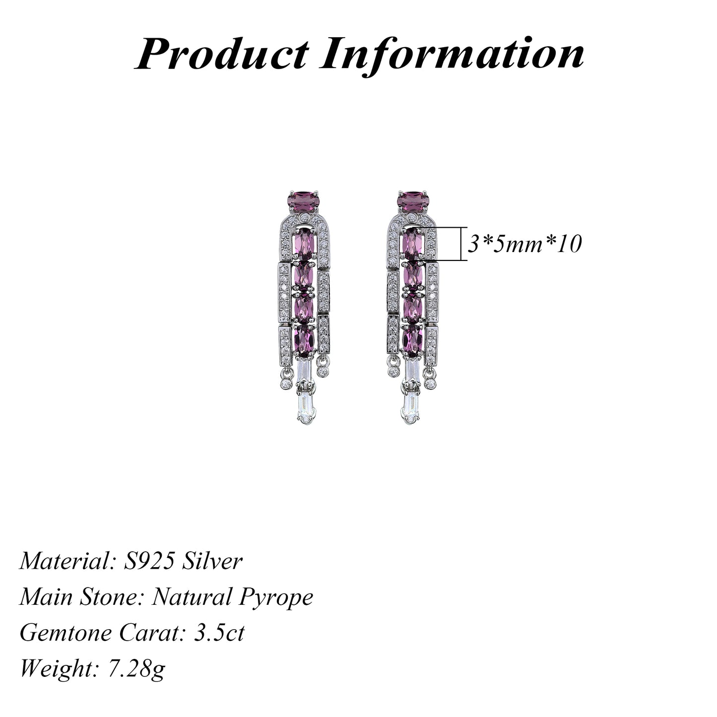 Rhodium Plated 925 Silver Jewelry Natural Pyrope Drop Statement Earrings