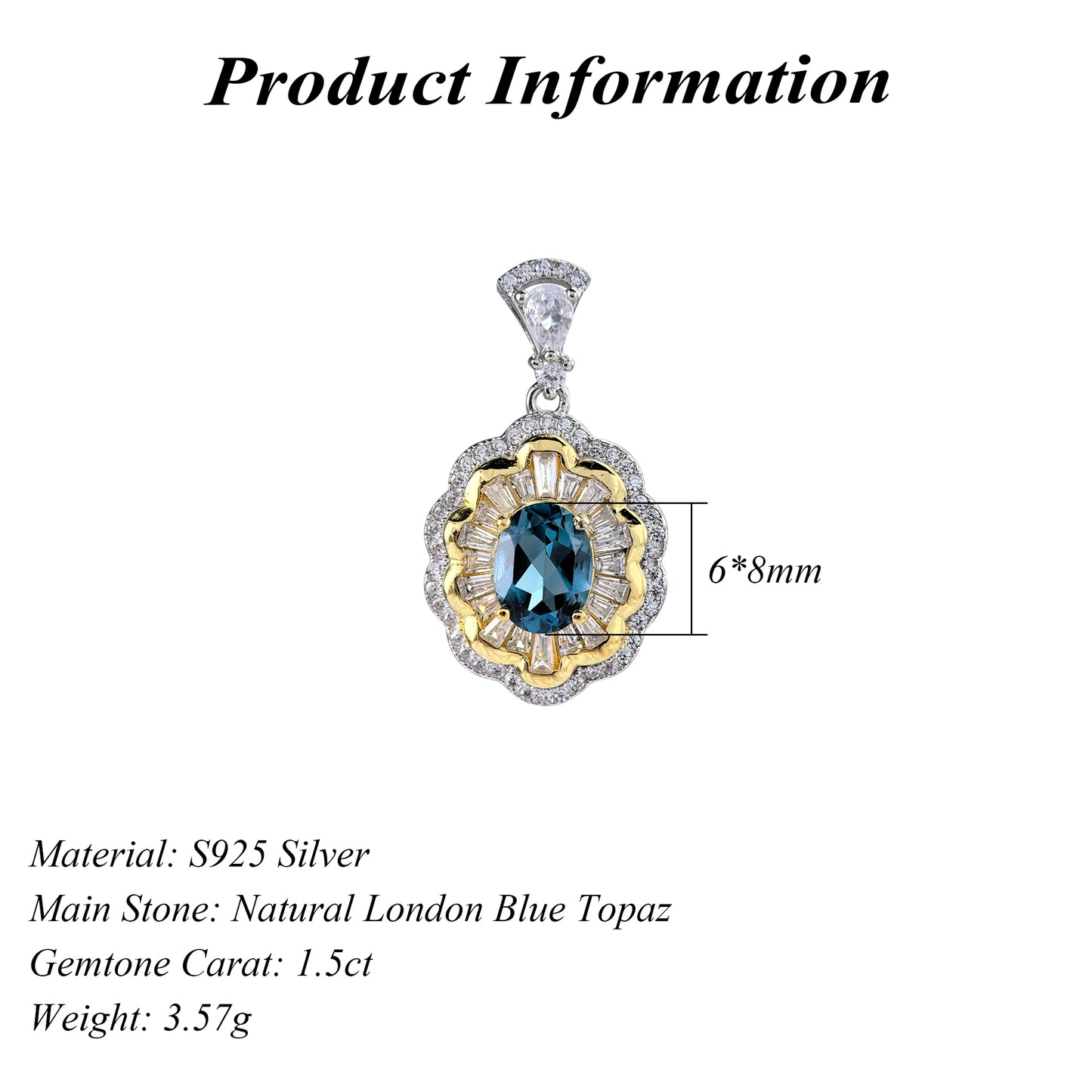 Graceful 925 Sterling Silver Natural London Blue Topaz Flower Pendant Dual Color Plated