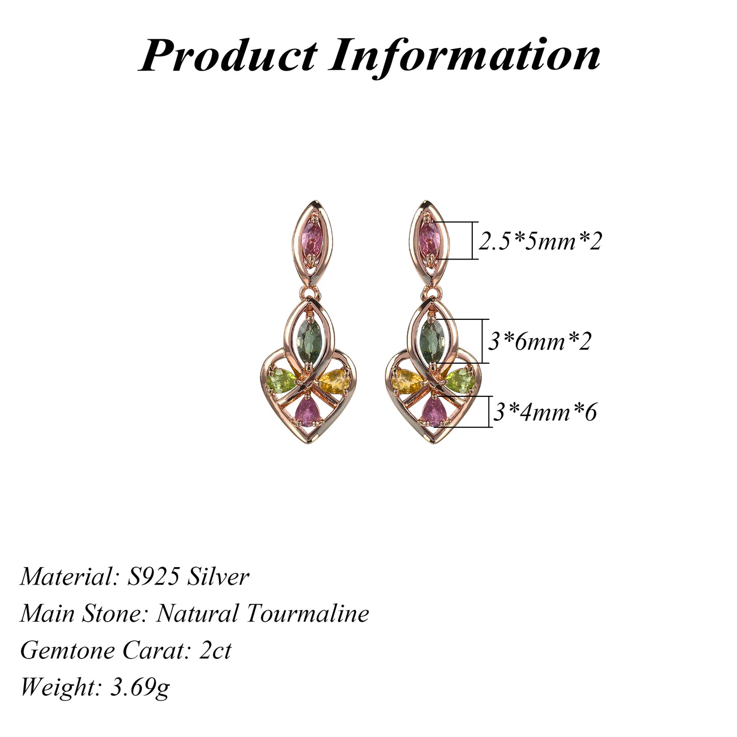 Graceful Rose Gold Plated 925 Silver Jewelry Natural Tourmaline Drop Earrings