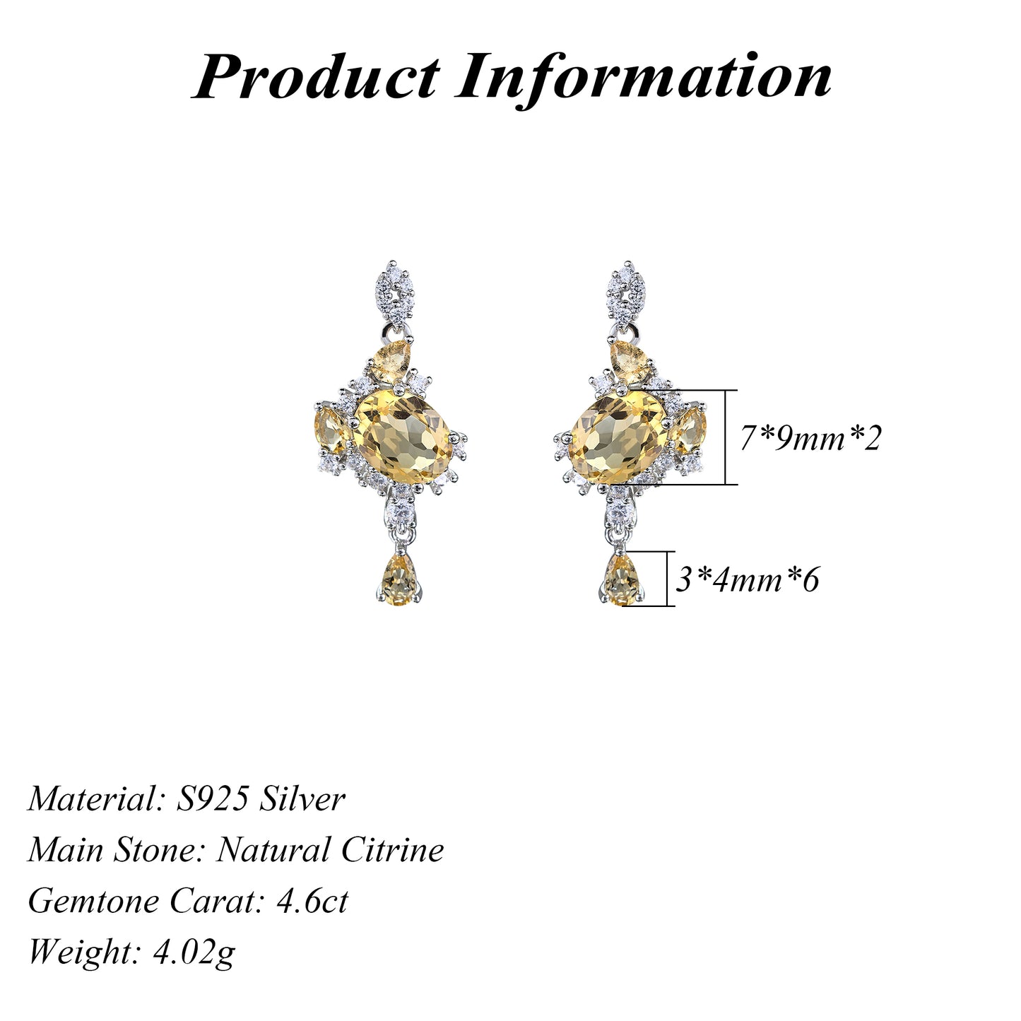 Trendy Rhodium Plated S925 Silver Natural Citrine Drop Earrings for Birthday Gift