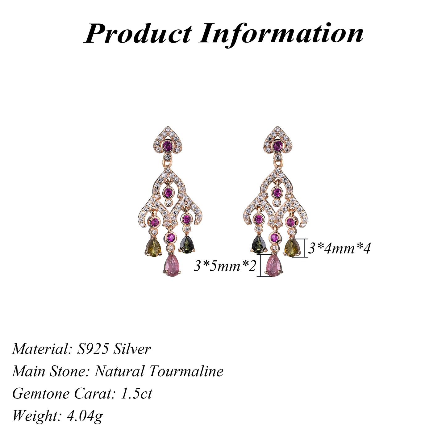 Elegant Rose Gold Plated 925 Sterling Silver Natural Tourmaline Bell Shaped Drop Earrings