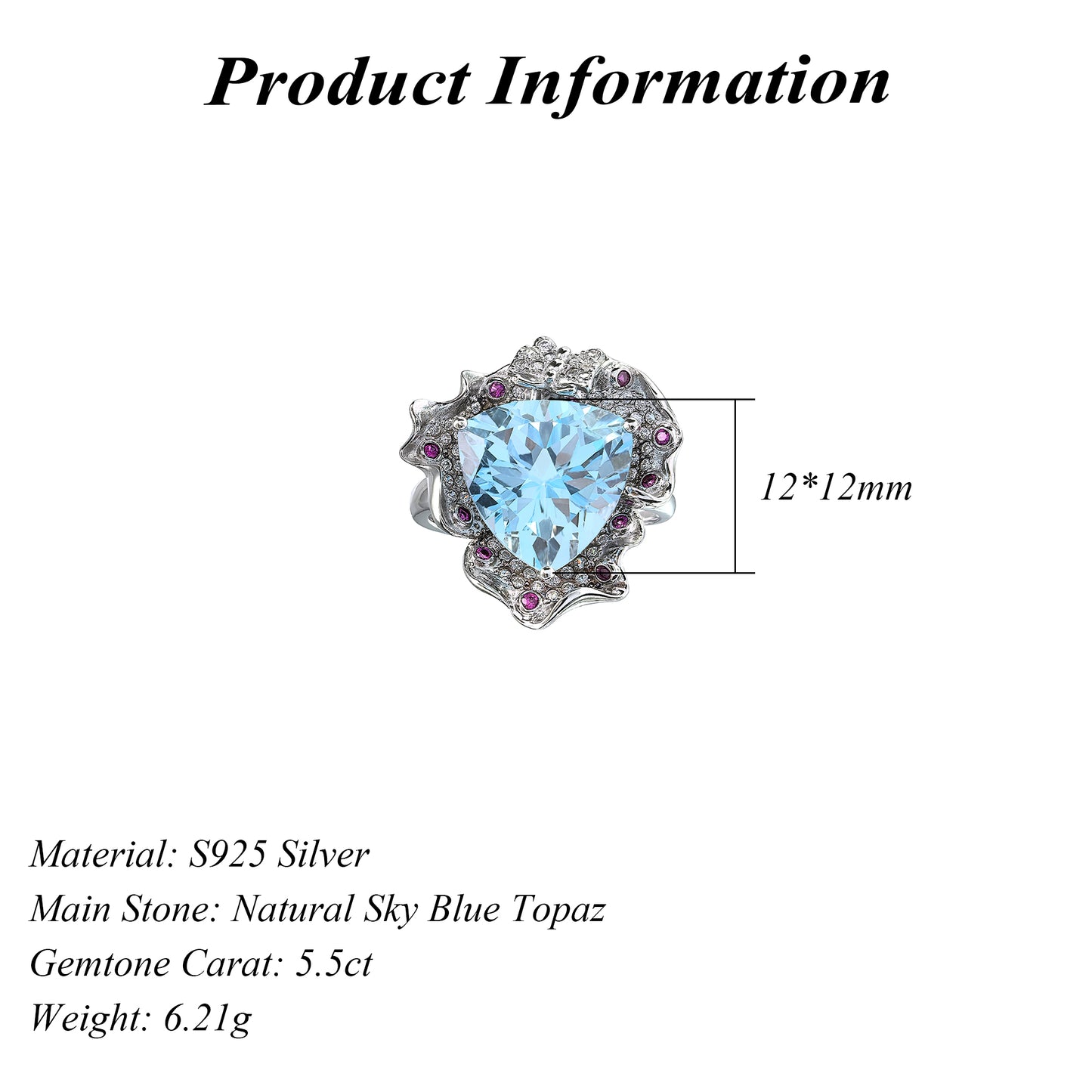 Exquisite 925 Silver Jewelry Rhodium Plated Natural Sky Blue Topaz Ring