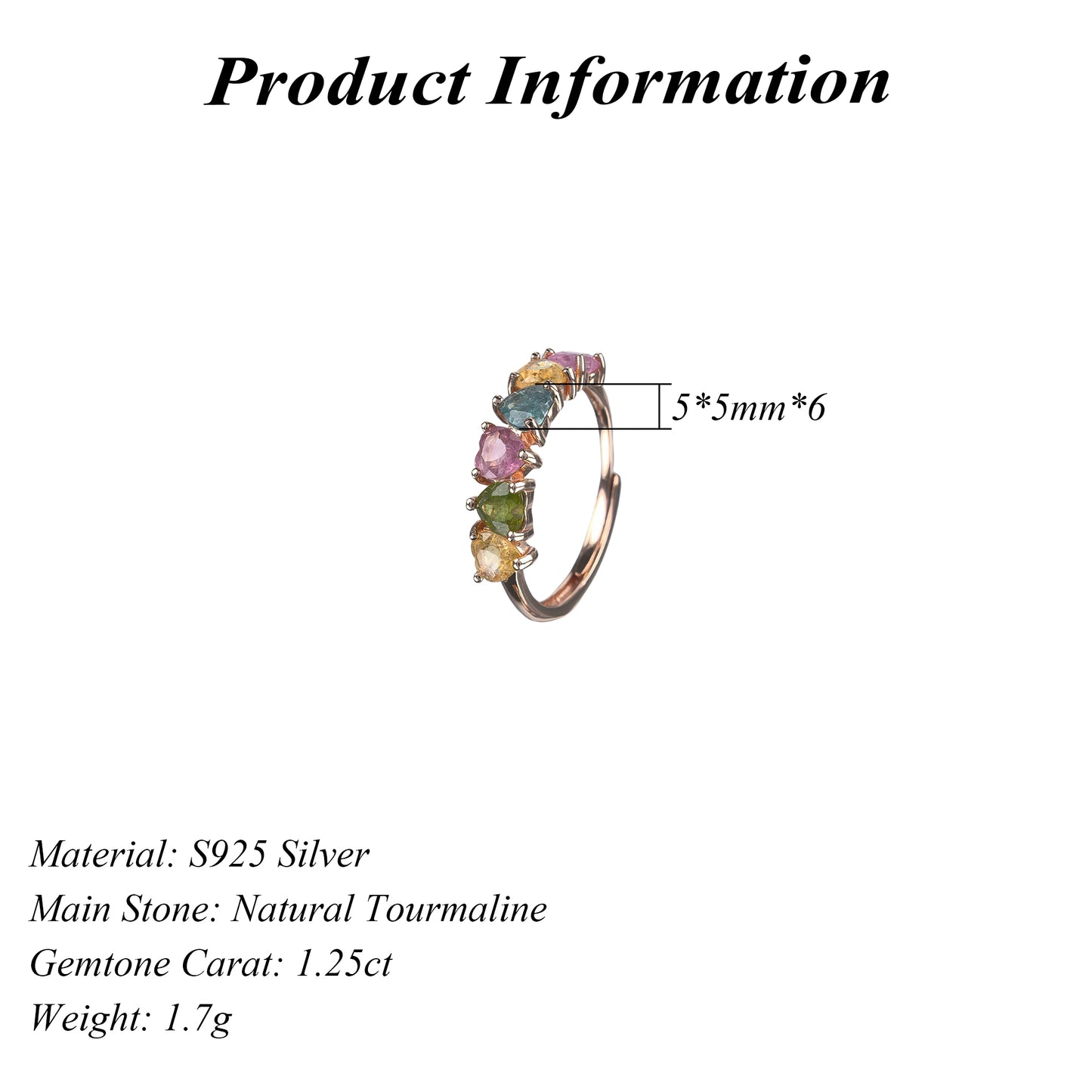 Charming Rose Gold Plated Silver 925 Jewelry Natural Tourmaline Ring