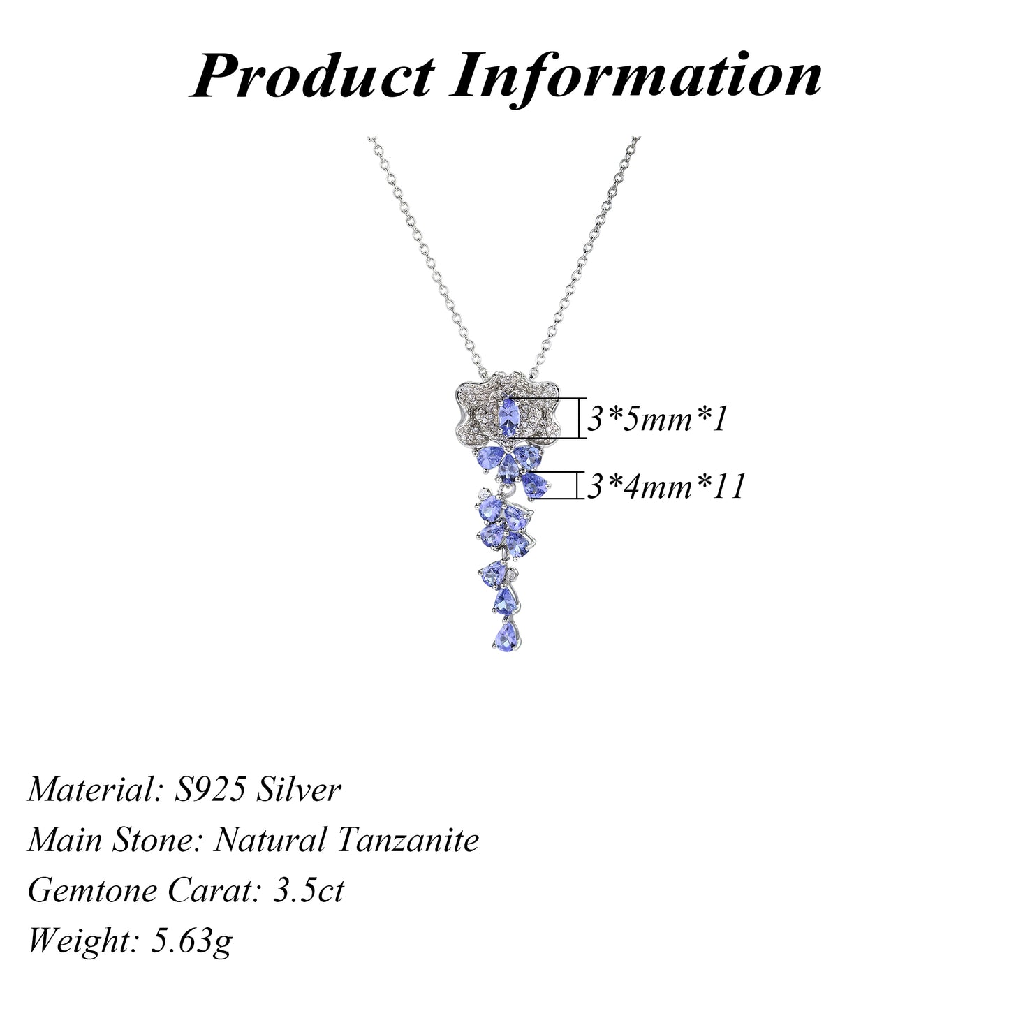Graceful Rhodium Plated 925 Silver Jewelry Natural Tanzanite Flower Necklace