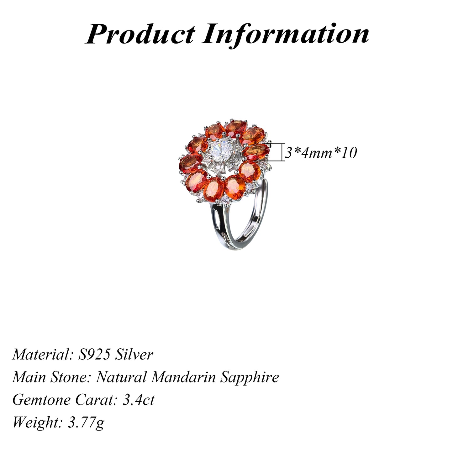 Luxurious Rhodium Plated Silver 925 Jewelry Natural Mandarin Sapphire Flower Ring