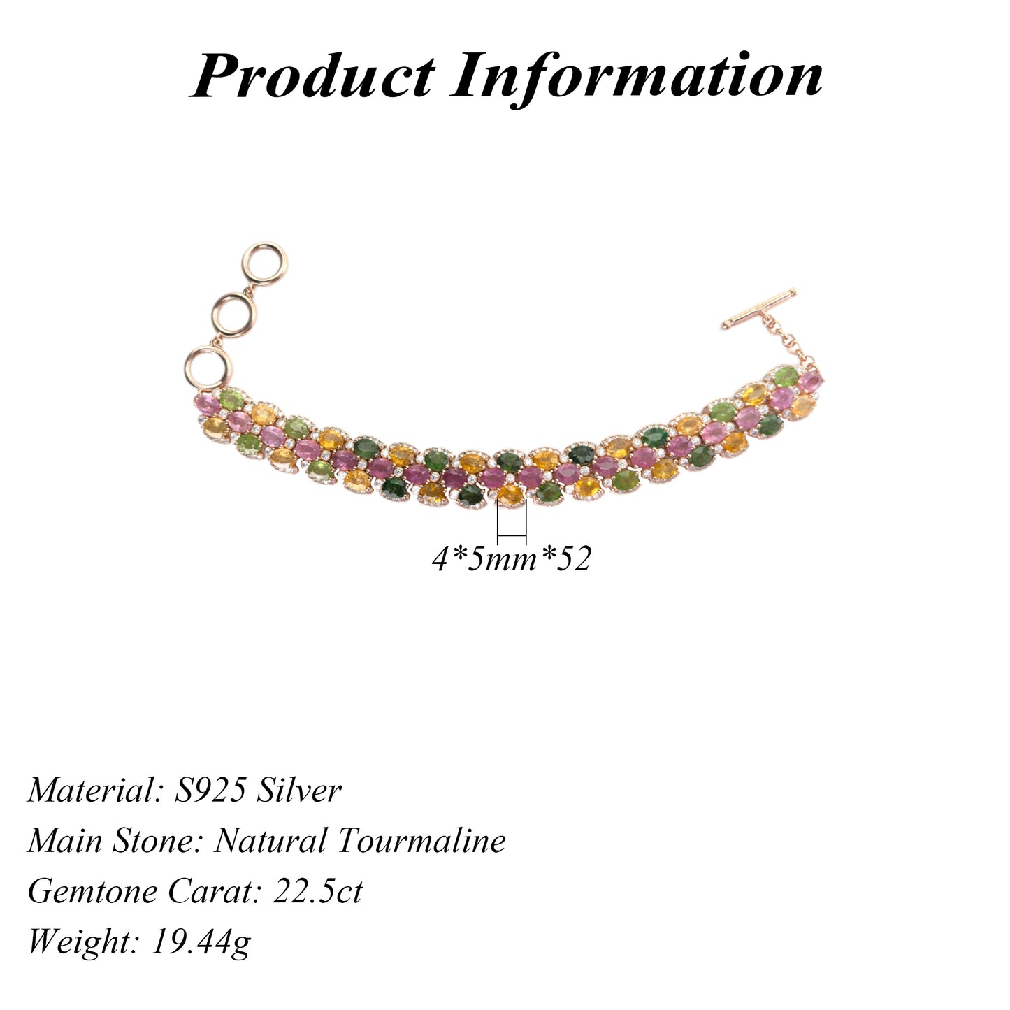 Luxurious Rose Gold Plated Sterling Silver 925 Bracelet Natural Tourmaline Jewellery