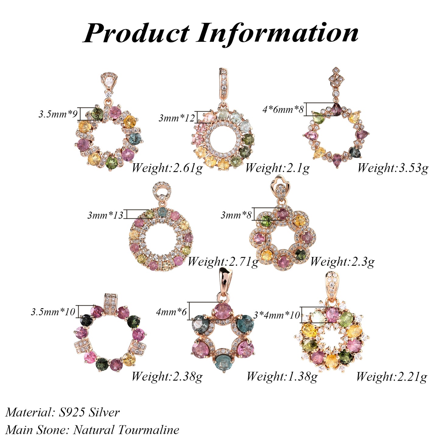 925 Silver Dazzling Rose Gold Plated Fine Pendants Natural Tourmaline round Charm Pendants