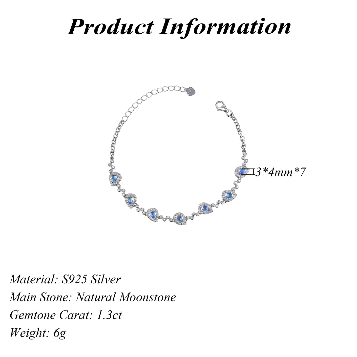 Charming 925 Silver Jewelry Bracelet Rhodium Plated Natural Moonstone