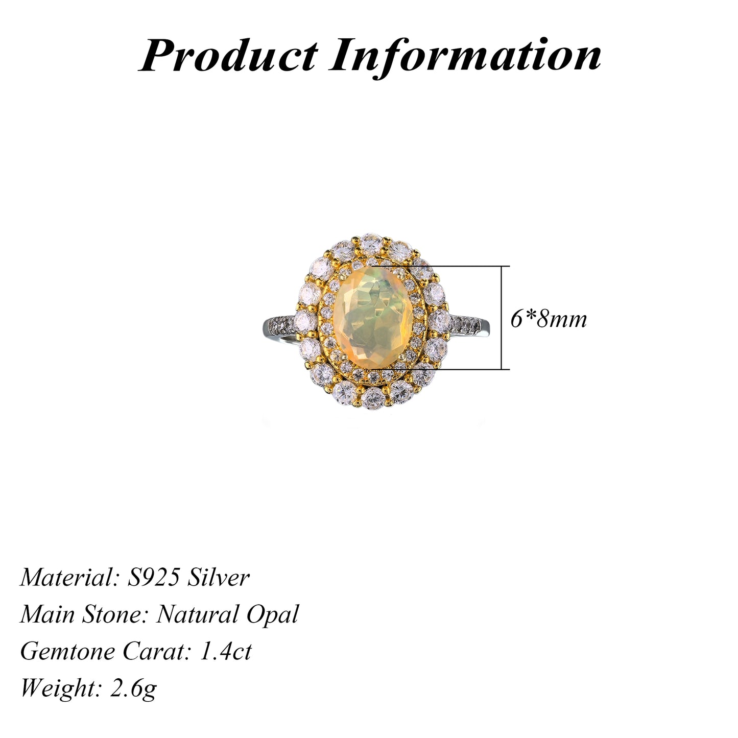 Precious Rhodium and Gold Plated Silver 925 Jewelry Natural Opal Ring