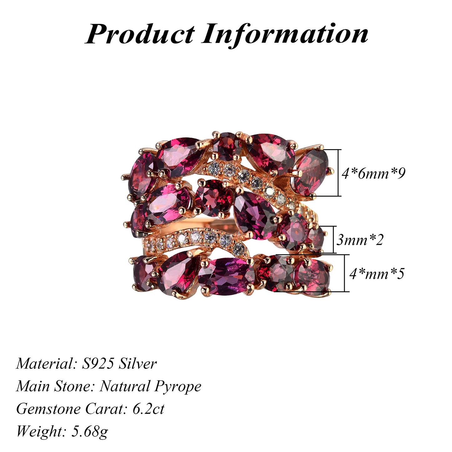 Sparkling Rose Gold Plated Silver 925 Jewelry Natural Pyrope Ring