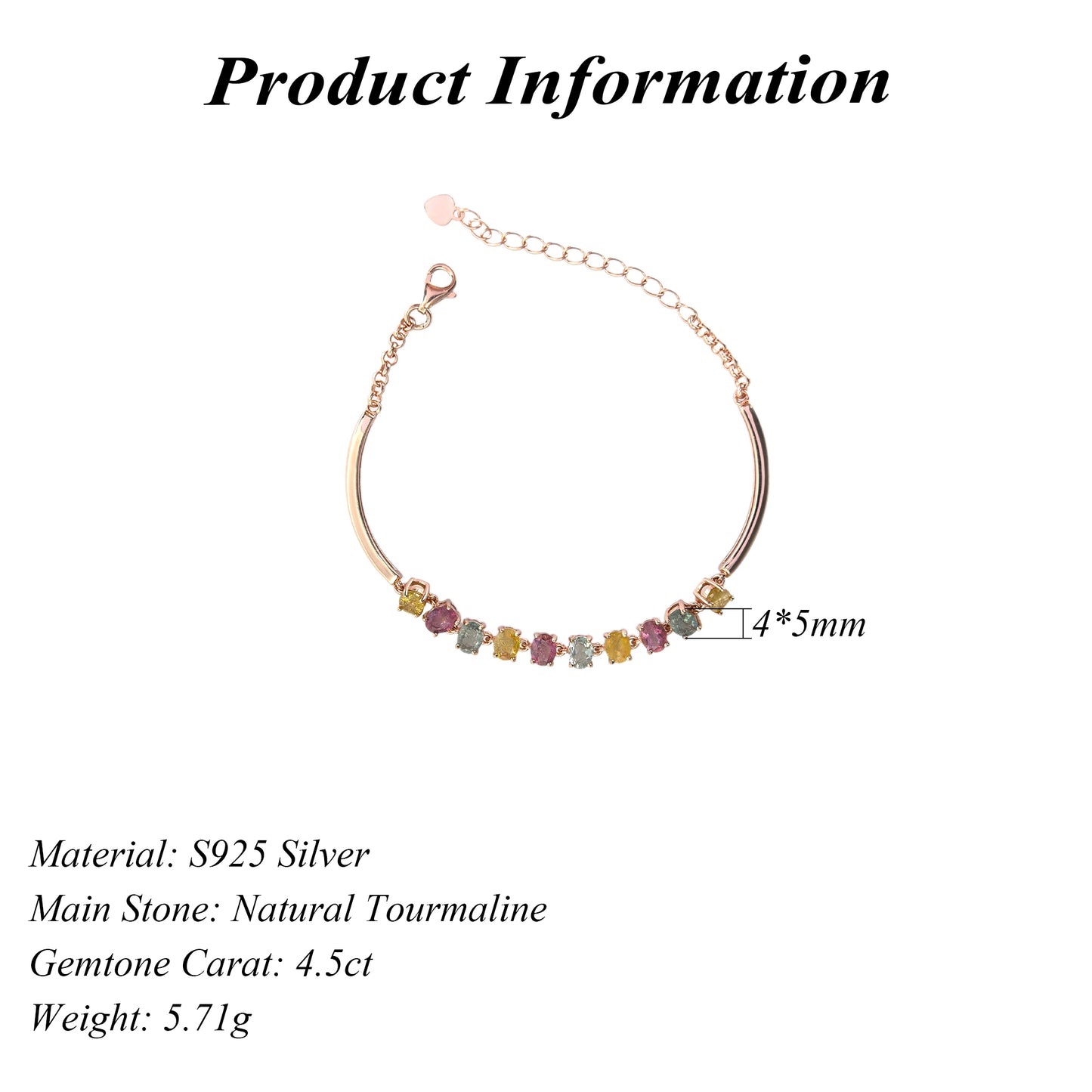 Gorgeous Rose Gold Plated 925 Sterling Silver Natural Tourmaline Bracelet