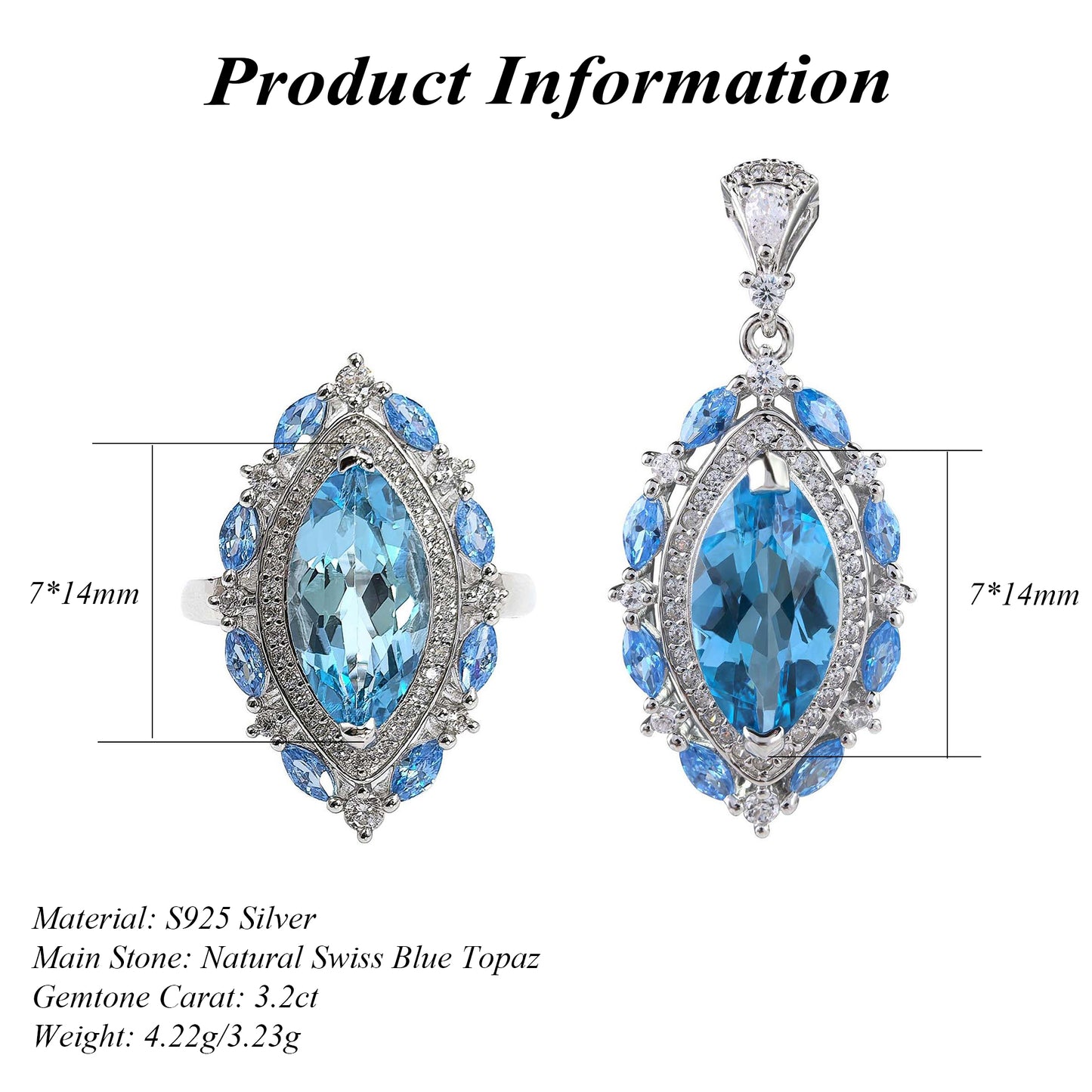 Natural Swiss Blue Topaz Jewelry Set Ring and Pendant