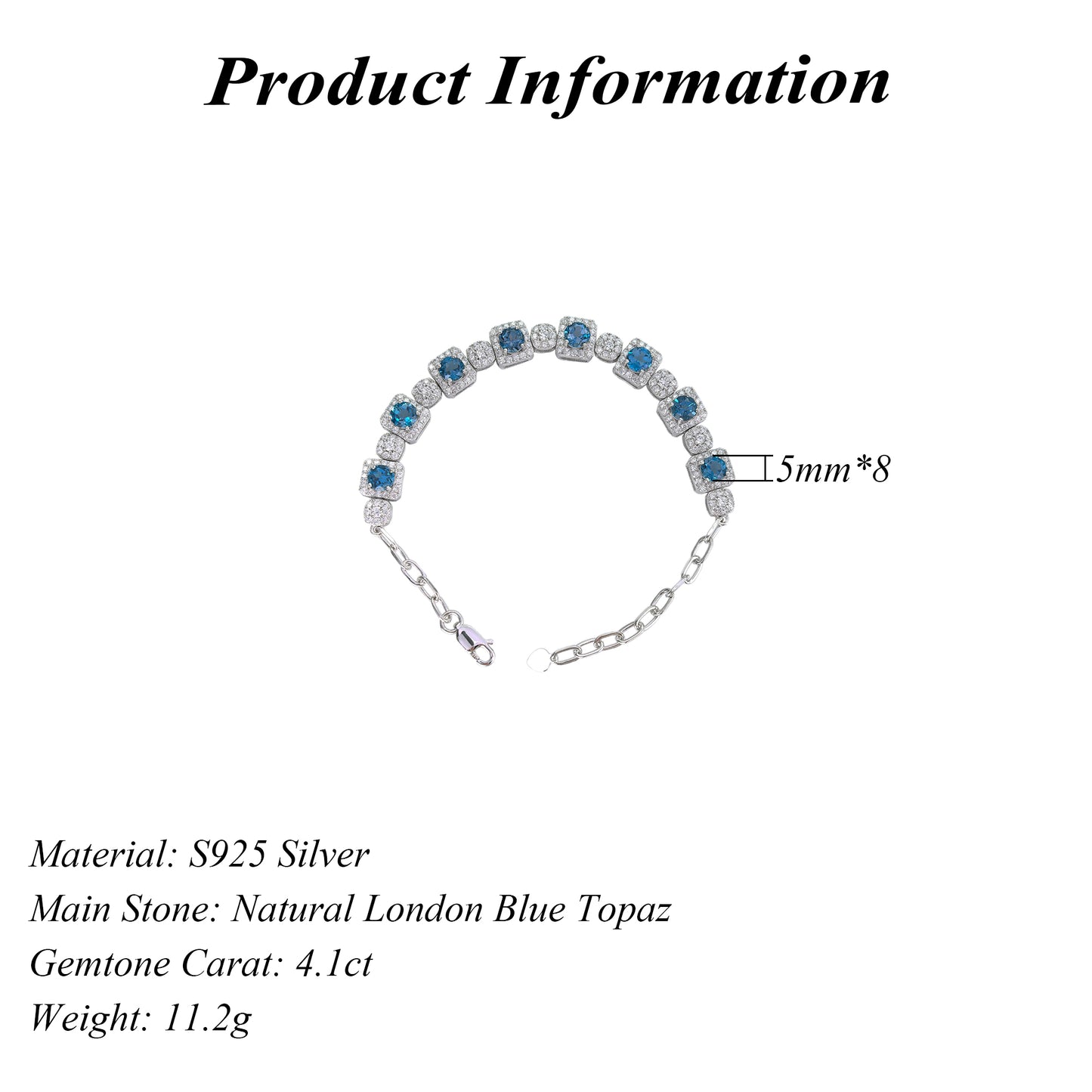 Noble Rhodium Plated 925 Silver Jewelry Natural London Blue Topaz Bracelet
