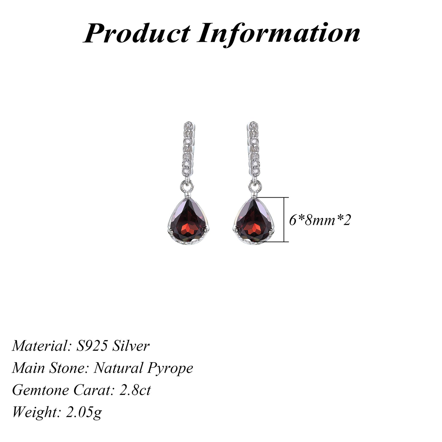 925 Silver Jewelry Earrings Sparkling Rhodium Plated Natural Pyrope Drop Elegant Water Drop Pattern for Wedding or Gift